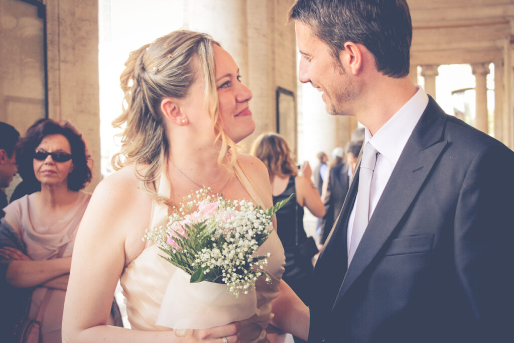 smiling couple meets before the wedding ceremony