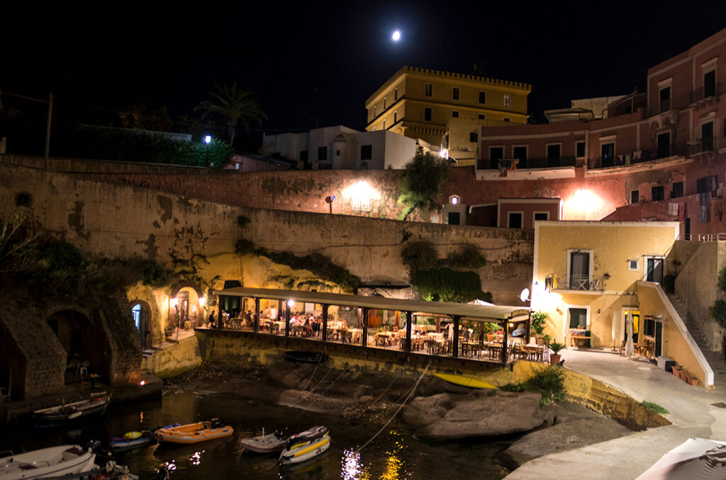 the village of Ventotene in the night, restaurant in Ventotene