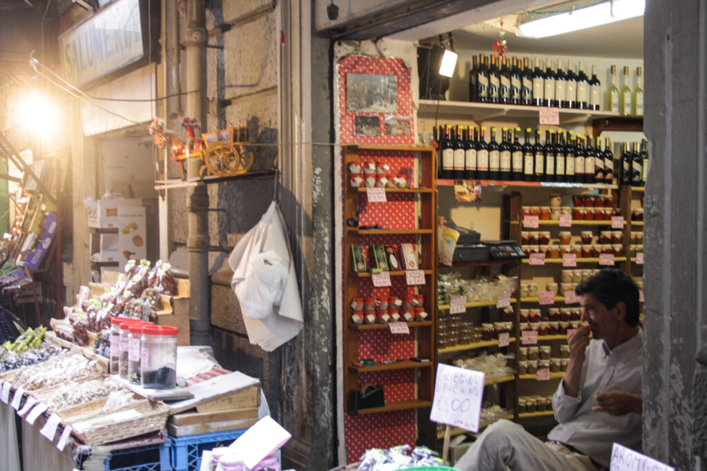 Palermo, Vucciria market, local products in the stalls of Vucciria Market