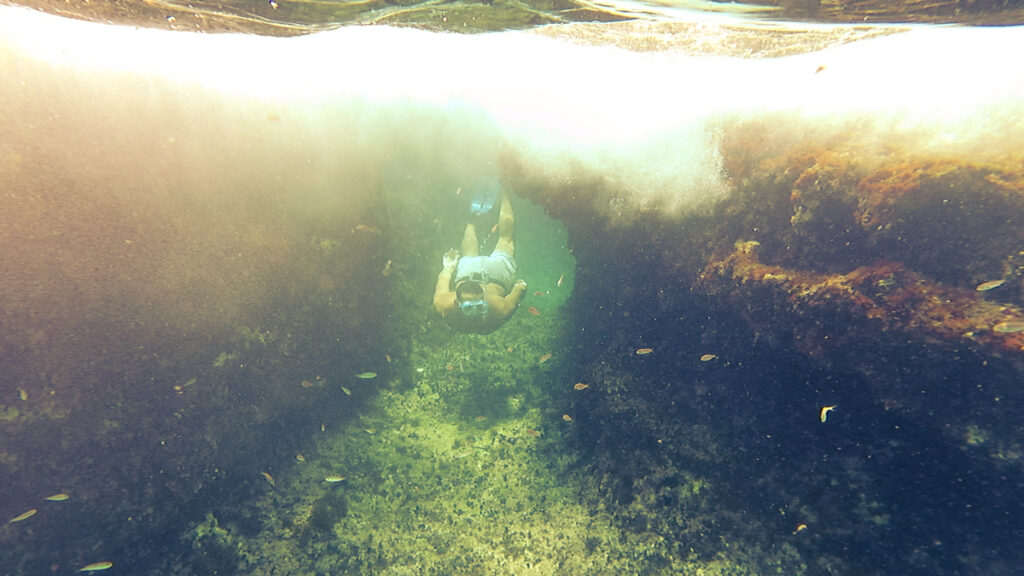 a man diving among beautiful reefs