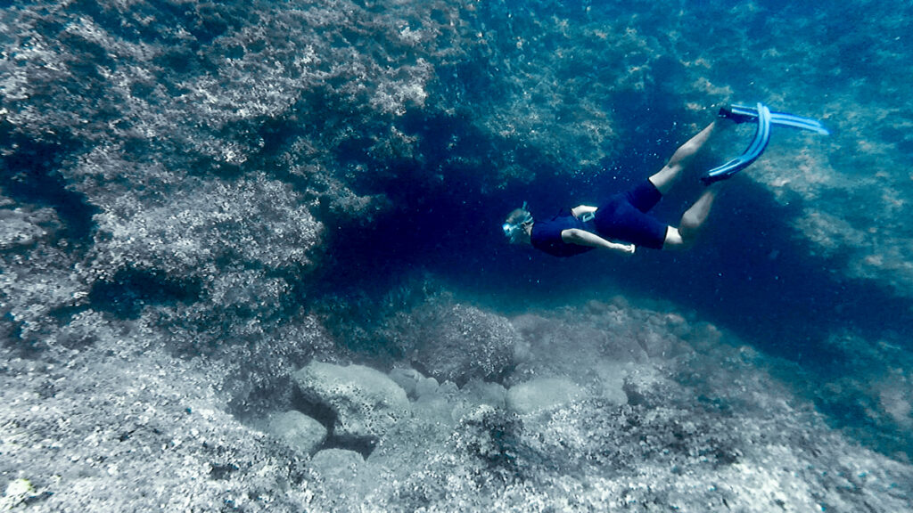 a man diving among beautiful reefs in the crystal clear water, underwater